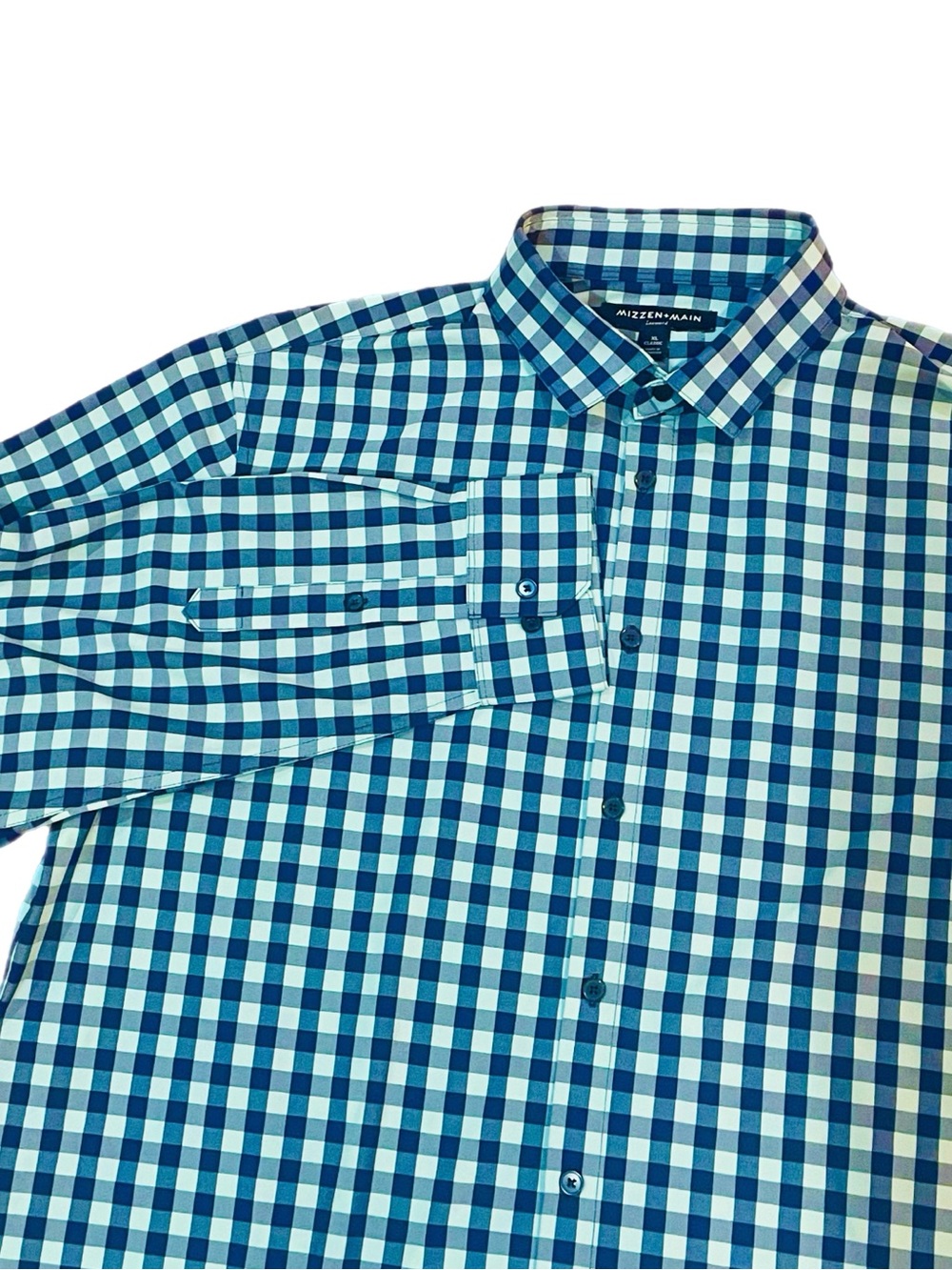 Mizzen + Main Leeward No Tuck Dress Shirt Navy Sky Blue Gingham Check XL